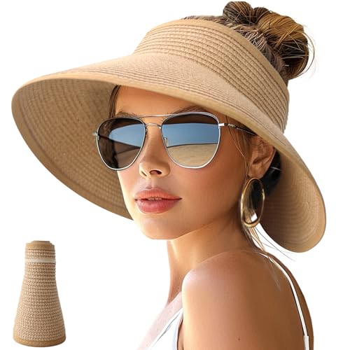 NPJY Sun Hats for Women Wide Brim Roll-Up Ponytail Packable Straw Visor - color: Khaki
