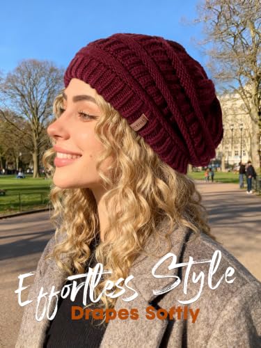 FURTALK Winter Beanie Hat for Women Satin Lined Cable Knit Chunky Slouchy Beanies Skull Warm Cap - color: Aged Brick