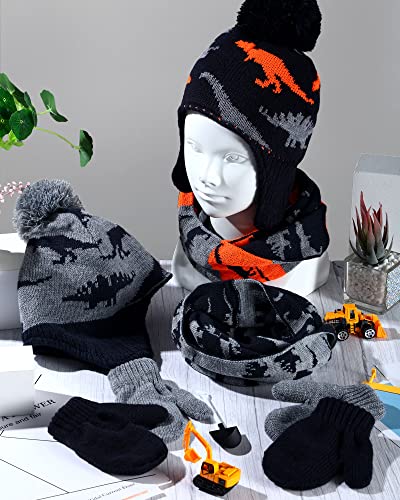 SATINIOR Winter Toddler Boys Hat Dinosaur Warm Mittens Scarf Set Pompom Baby Beanie Knitted Baby Hat Scarf Gloves Earflaps - color: Modern Color