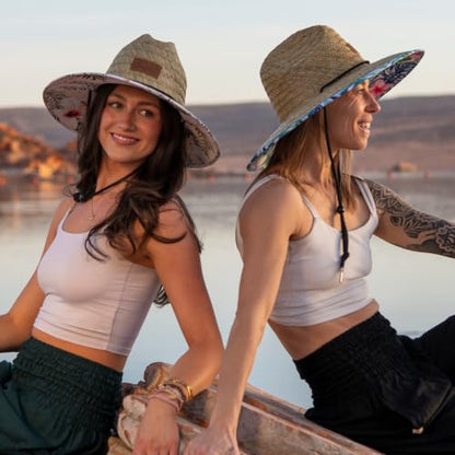 Women's Wide Brim Straw Sun Hat for Beach, Lifeguard Style, Hand-Woven Rush & Mat, Adjustable Chin Drawstring - color: The Tenley
