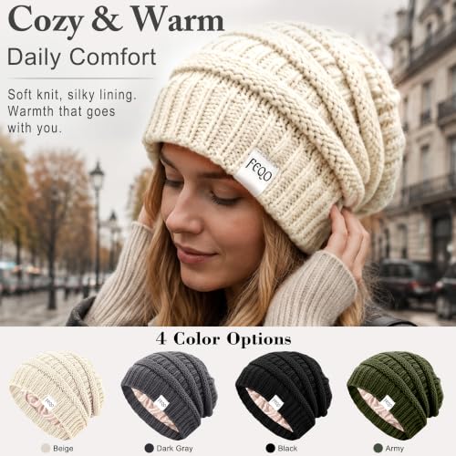 FEQO 4 Pack Satin Lined Beanies Slouchy Beanie Oversized Cable Knit Caps - color: Black, Army, Dark Gray, Beige