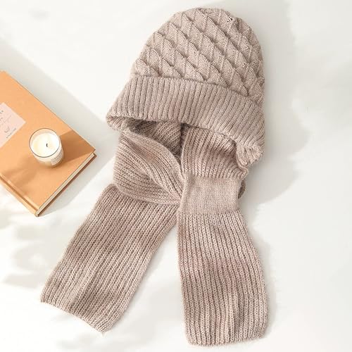 Women Winter Warm Elastic Soft Ear Protection Knitted Scarf Hat Fleece Lined Beanie Hat - color: Light Khaki