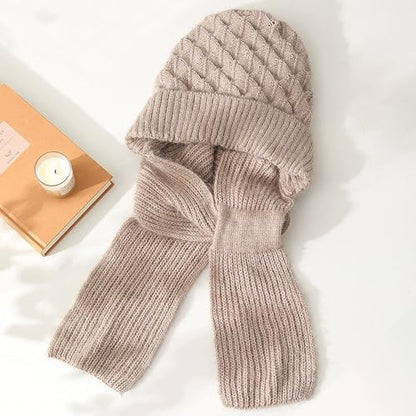 Women Winter Warm Elastic Soft Ear Protection Knitted Scarf Hat Fleece Lined Beanie Hat - color: Light Khaki