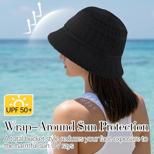 Breathable Cotton Bucket Hat Lightweight Packable Cloche Hat Sun Beach Cap - color: Black