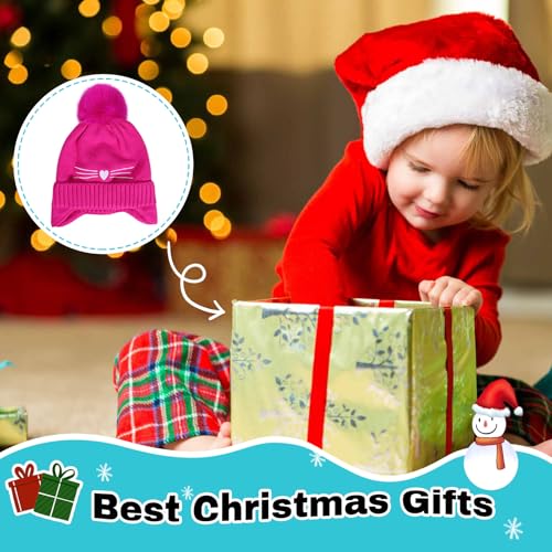 Girls Beanie Knit Hat with Ear Flaps Rainbow Cat Hats Toddler Kids Winter Outdoor Skull Snow Ski Cap Age 2-10 - color: Hot Pink, size: 2-4T