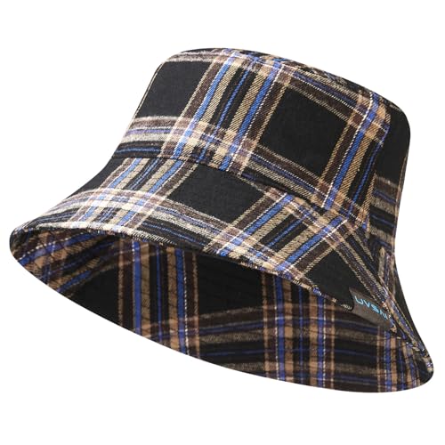 UPF 50+ Reversible Sun Hat - color: Black Plaid, size: Medium