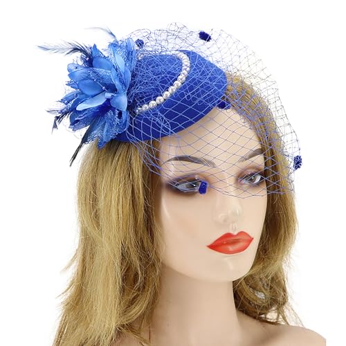 Fascinator Pillbox Hat for Women, Feather Flower Pearls Hair Headwear Veil - color: Blue