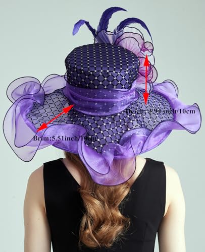 Women Organza Derby Hat Fascinator Tea Party Wedding Church Derby Hat Fascinator Hats Dual-use - color: 02e Purple