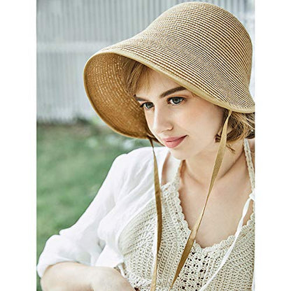 French Straw Bonnet Cap for Women Victorian Sun Hat Chin Strap Foldable
