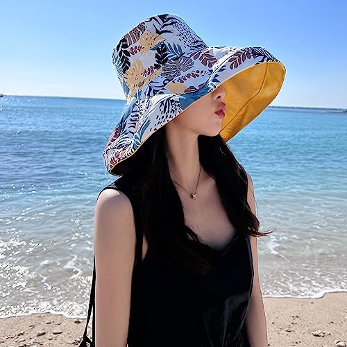 HUAMULAN Women Summer Vacation Wide Brim Sun Hat Reversible Fishing Hats - color: Yellow