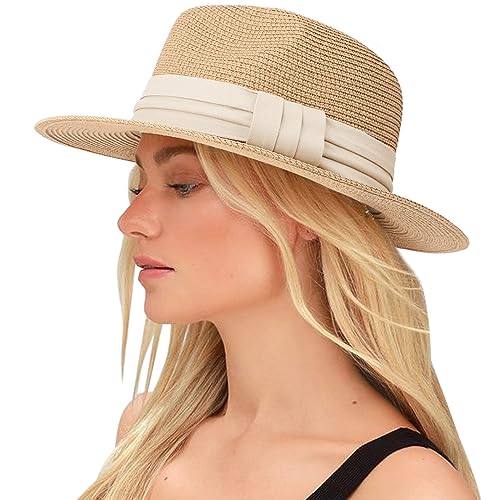 DRESHOW Women Straw Panama Hat Travel Fedora Beach Sun Hat Summer Wide Brim Straw Roll up Hats UPF 50+ - color: Khaki Hat With Cream Band