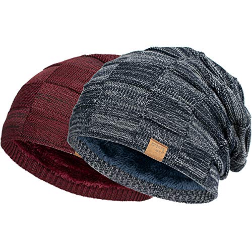 Vgogfly Slouchy Beanie for Men Winter Hats for Guys Cool Beanies Mens Lined Knit Warm Thick Skully Stocking Binie Hat Pairs - color: Navy / Wine Red