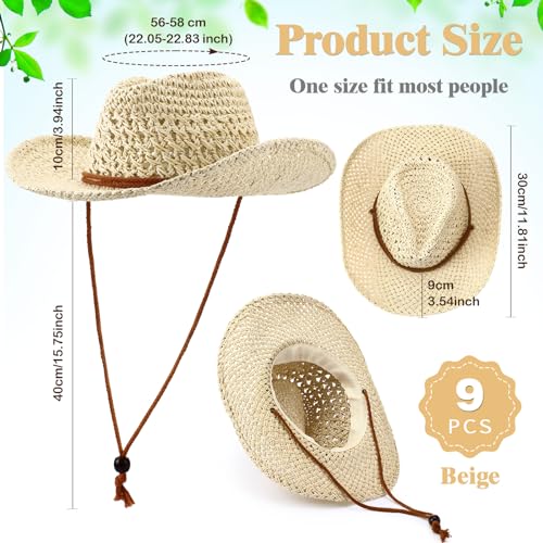 Newcotte 9 Pack Straw Cowboy Hats for Women Men - color: Beige