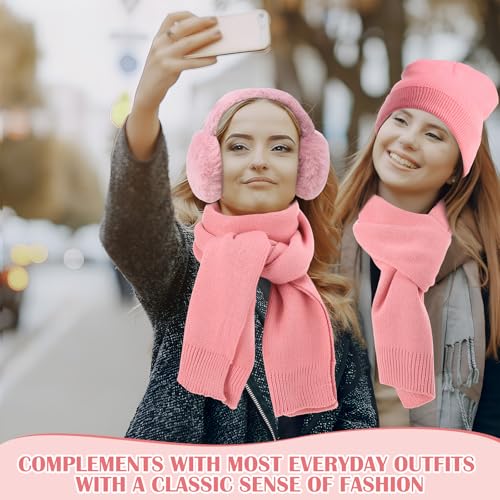 Geyoga 6 Pcs Winter Knit Set with Knit Beanie Hat Long Scarf Touchscreen Gloves Foldable Earmuff Fleece Socks for Women - color: Pink, style: Trendy Style
