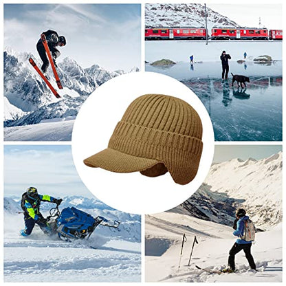 Men's Winter Hat with Brim, Warm Earflaps Hat for Men, Thick Fleece Lined Knit Winter Beanie Outdoor - color: Khaki