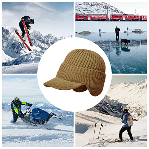 Men's Winter Hat with Brim, Warm Earflaps Hat for Men, Thick Fleece Lined Knit Winter Beanie Outdoor - color: Khaki