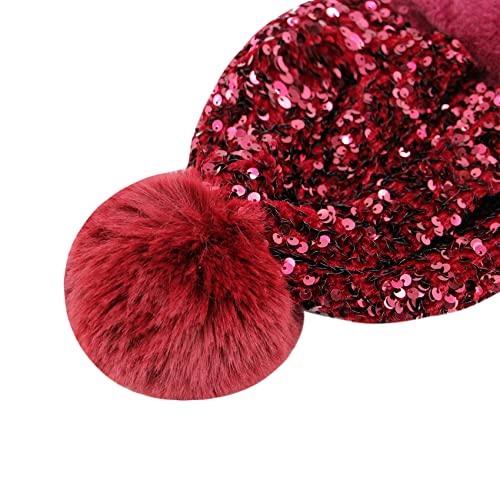 Women Sparkly Sequins Knitted Beanie Hat Warm Winter Skull Cap with Faux Fur Pom Pom - color: Wine Red