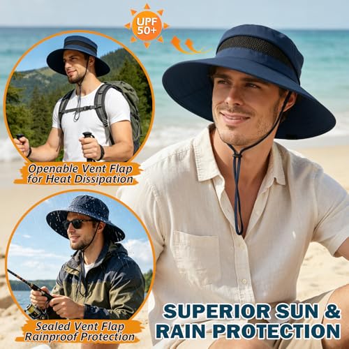 Men's UPF 50+ Waterproof Wide Brim Boonie Hat, Sun & Rain Protection - color: Navy Blue