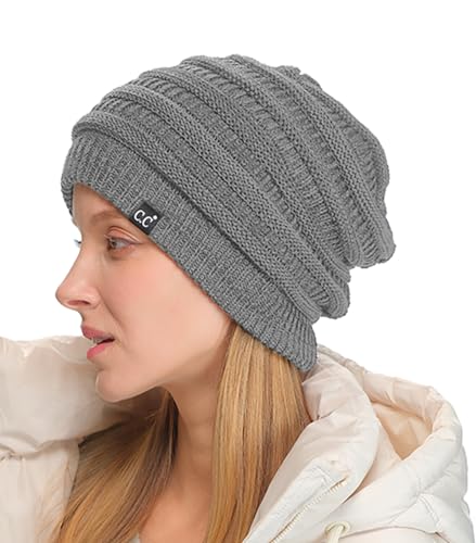 C.C Beanie Oversized Hat with Fuzzy Lining – Thick Knit Thermal Beanie for Cold Weather, Soft Warm Fleece Lined Cap - color: Light Melange Grey