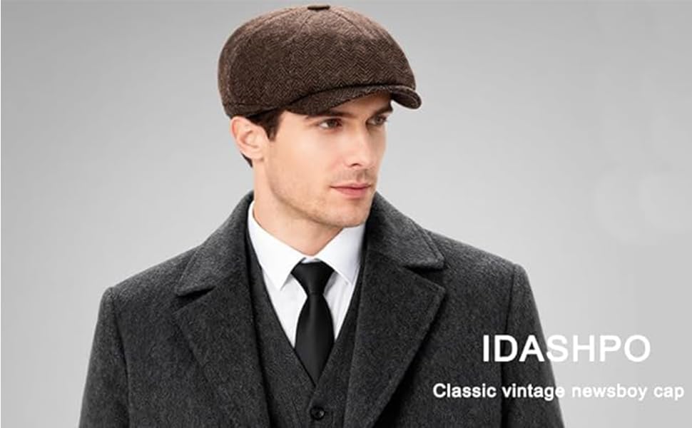 Men's Wool Newsboy Cap 8-Panel Tweed Taxi Hat Herringbone Gatsby Flat Hats - color: D-coffee