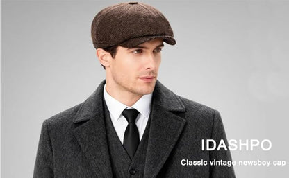 Men's Wool Newsboy Cap 8-Panel Tweed Taxi Hat Herringbone Gatsby Flat Hats - color: D-coffee