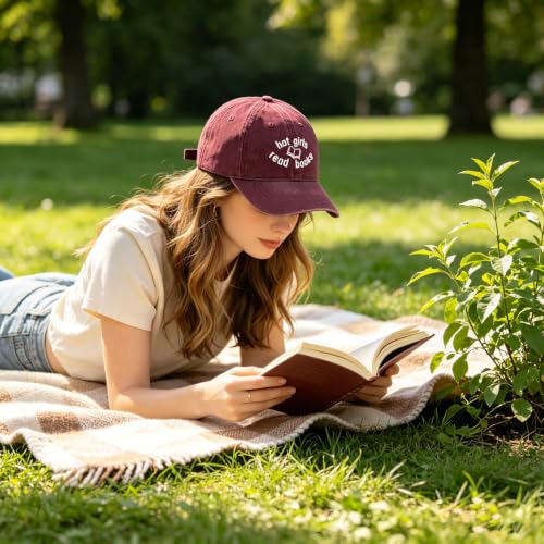 Embroidered Book Lover Baseball Cap for Men Women, Funny Washed Cotton Classic Dad Hat, Reading Lover Gift Idea - color: Hot Girls Read Books, Wine Red