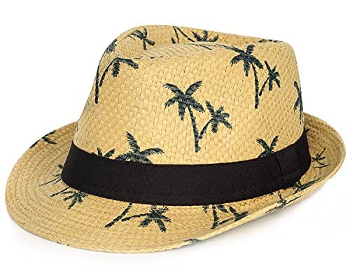 Summer Straw Fedora Hat Short Brim Panama Sun Hat Trilby Beach Hat for Men & Women - color: A-printing-khaki, size: Medium