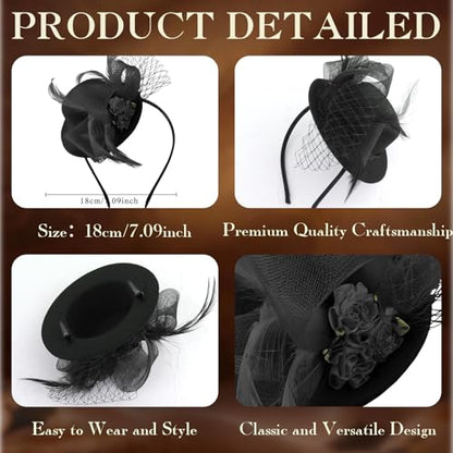 AMCAMI Fascinators Hats for Women Girls 2026 Derby Hats Tea Party Hat with Headband and Clip - color: Black