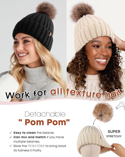 FURTALK Womens Winter Beanie Hat Satin Lined Faux Fur Pom Pom Beanies Hat for Women Winter Warm Knit Hats - color: Beige