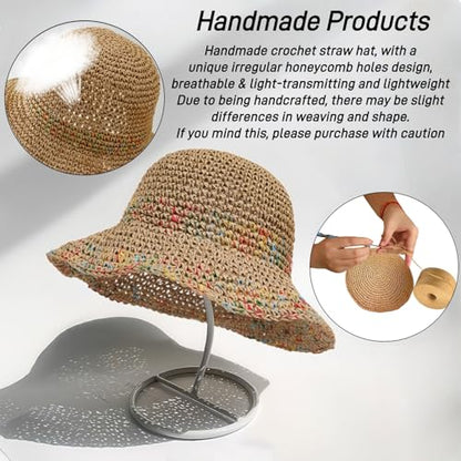 Floppy Big Beach Straw Hats for Women Foldable Summer Wide Brim Packable Sun Hat Womens Travel Straw Fedora Hat - color: C-khaki