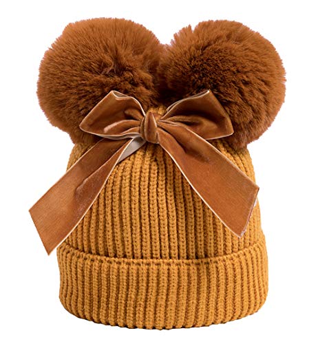 YATEEN Infant Toddler Baby Knitting Woolen Hat Winter Warm Double Pompom Beanie Cap with Bow - color: 2 Pack Yellow / Gray