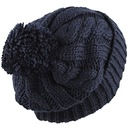 Women and Men Beanie Daily Winter Oversized Thick Stretchy Knitted Pom Pom Beanie Fleece Lined Beanie Hat - color: 1. Curly Navy
