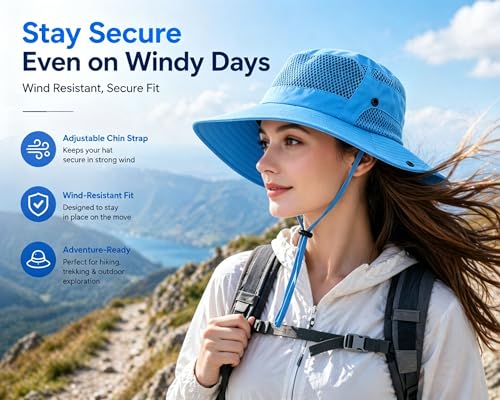 Sun Bucket Hat for Men Women Wide Brim UPF 50+ UV Protection Waterproof - color: Sky Blue