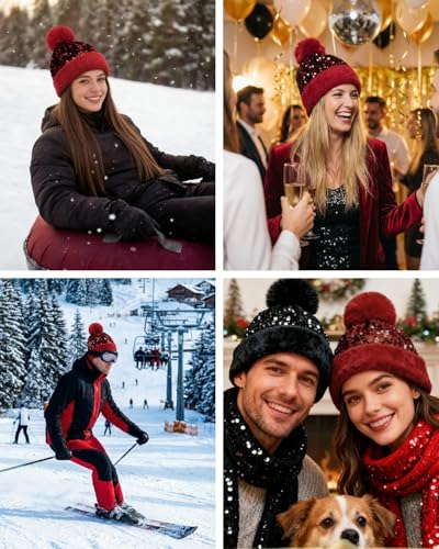 Women Sparkly Sequins Knitted Beanie Hat Warm Winter Skull Cap with Faux Fur Pom Pom - color: Red