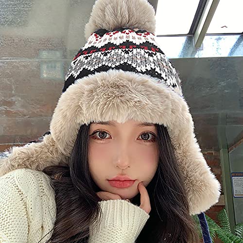 Women Winter Beanie Hat Thick Fleece Lined Warm Earflap Trapper Hat Pom Pom Jacquard Knited Outdoor Ski Snow Cap - color: Black