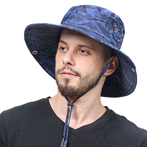CAMOLAND Mens Fishing Hat Wide Large Brim Sun Hat with Outdoor UV Protection - color: Blue Camouflage