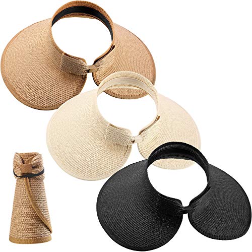 SATINIOR 3 Pcs Women Foldable Straw Sun Visor, Wide Brim Roll up Beach Hat