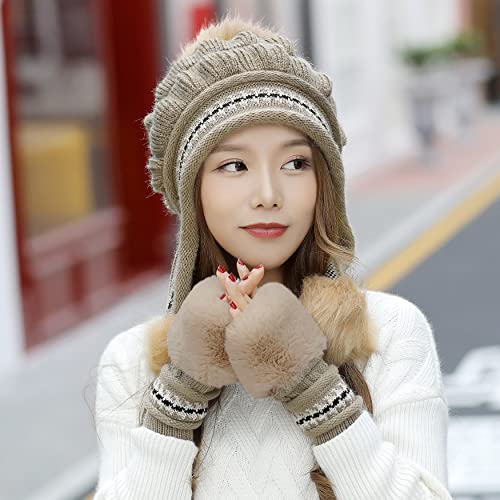 Bellady Women Knit Beanie Winter Ski Hat Cap with Earflap Pom Glove Set - color: Khaki