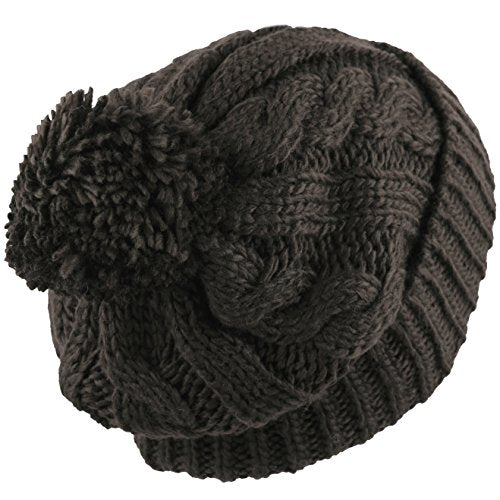 Women and Men Beanie Daily Winter Oversized Thick Stretchy Knitted Pom Pom Beanie Fleece Lined Beanie Hat - color: 1. Curly Dark Brown