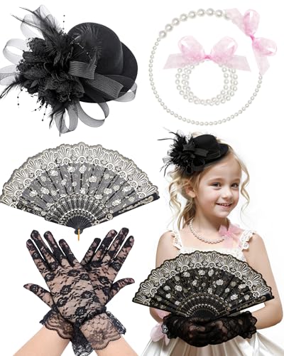 Zinniday Girls Tea Party Hats Set - 5 Pcs Mini Top Hat with Pearl Necklace Bracelet Hand Fan and Lace Gloves for Party - color: Black