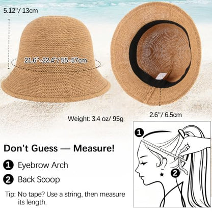 Babalet Summer Straw Beach Sun Hats for Women Packable Floppy Bucket Hat - color: Khaki