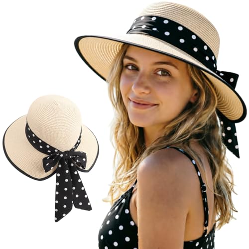 AQOKKA Women Sun Hats Straw Wide Brim Bowknot Bucket Cap Floppy Foldable Summer Beach Hats for Women Outdoor UPF 50+ - color: 1 Pack Hat: Beige With Black Bow