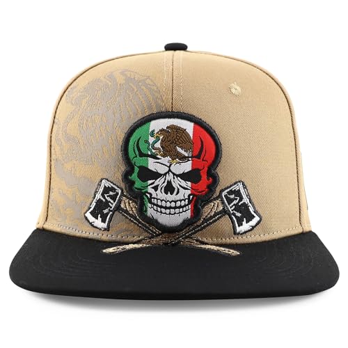 Trendy Apparel Shop Mexico Eagle Skull Head with Cross Axe Embroidered Snapback Cap - color: Khaki Black