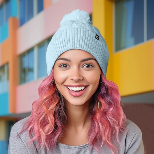DALIX Cable Knit Pom Beanie Soft Stretch Skully Warm Fuzzy Faux Sherpa Winter Ski Beanie - color: Light Blue