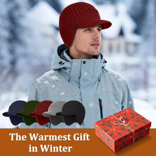 2Pack Men&Women Winter Warm Fleece-Lined Knit Beanie Hats with Brim & Ear Flaps for Cold Weather - color: Black+wine Red