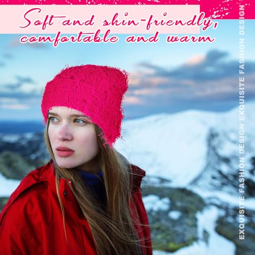 Chuarry Distressed Knitted Beanie Fuzzy Winter Hat - color: Rose Red