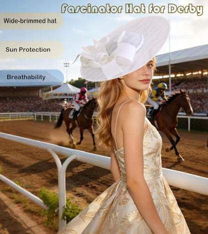 Kgromfy Fascinator Hat Women Wide Brim Tea Party Headband Elegant Church Hat Large Lady Headwear for Derby Wedding Cocktail - color: White