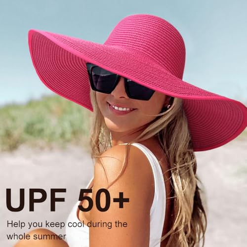DRESHOW Big Straw Sun Hats for Women Floppy Foldable Roll up Beach Cap Sun Hat UPF 50+ Vacation Honeymoon Embroidered Hat - color: Medium Size: Rose Red / Brim 5.5" (Head Circumference 22-22.8")