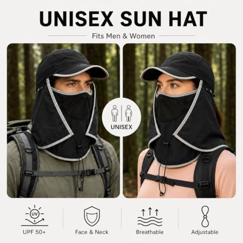 HUAMULAN Women Wide Brim Sun Hat Ponytail UV Protection Visor Fishing Cap - color: Black With Foldable Visor