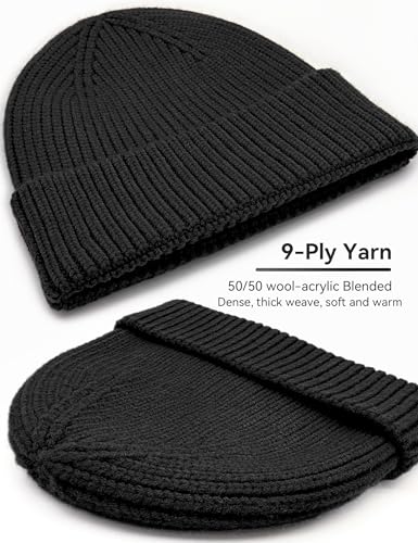 vidsel 50% Wool Thick Beanie Hat Men Women, Seamless Cuffed Winter Knit Cap - color: 1pcs Black